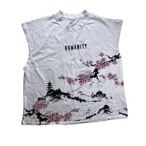GSTR Mens 5XL White Humanity Cherry Blossom Japan Graphic Muscle Tank Top